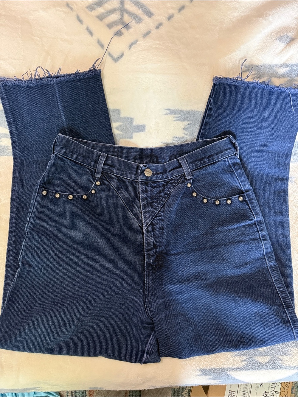 Vintage Roughrider Women's Straight Leg Dark Blue Jeans with Stud Accents
